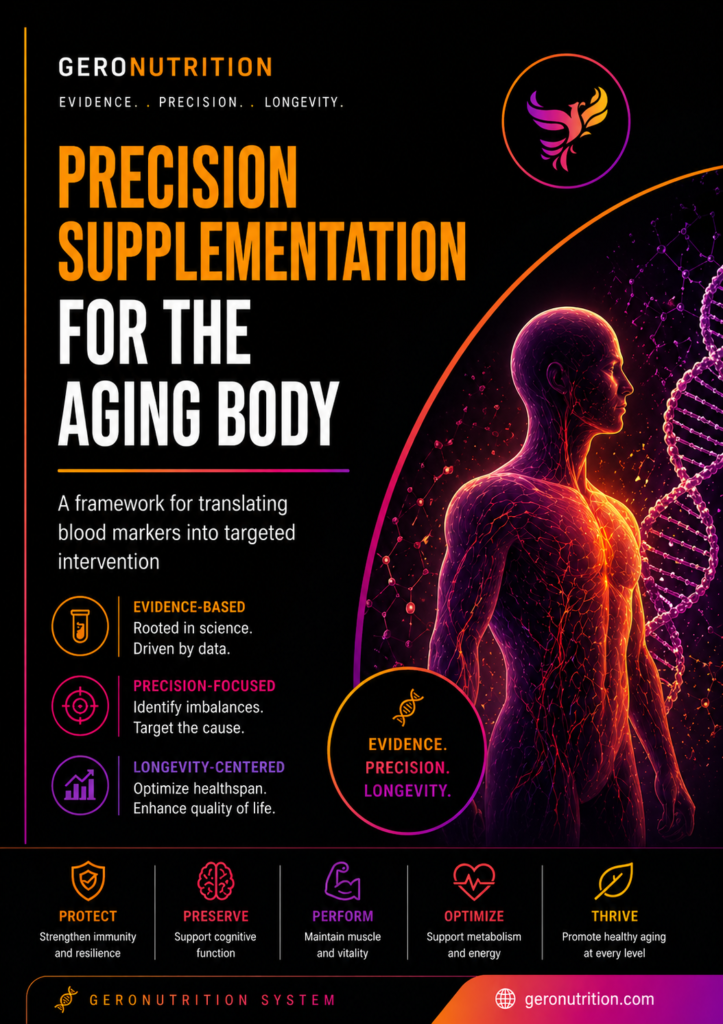 Precision Supplementation for the Aging Body ebook cover showing geronutrition, targeted supplements, longevity science, blood markers, DNA, metabolism, immunity, cognitive support, muscle preservation, and healthy aging.