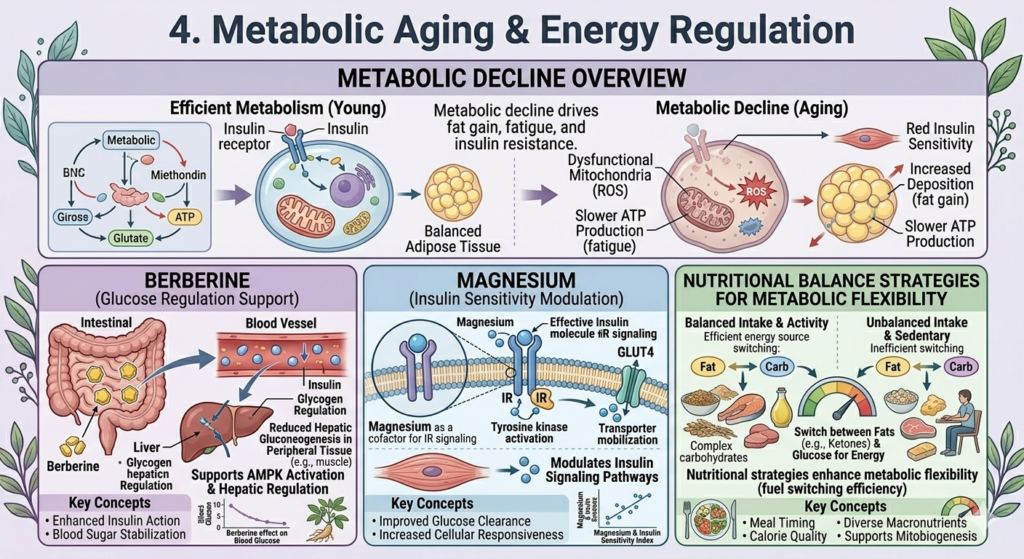 A metabolic science illustration titled "Metabolic Aging & Energy Regulation" comparing young vs. aging metabolism, featuring insulin sensitivity modulation by magnesium, glucose regulation via berberine, and strategies for metabolic flexibility.