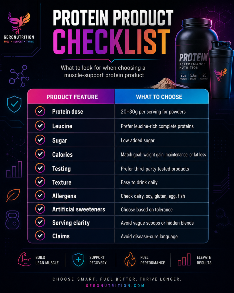 Best protein powder checklist infographic showing protein dose, leucine, sugar, calories, testing, texture, allergens, artificial sweeteners, serving clarity, and claims for whey protein powder, whey protein isolate, collagen powder, and whey protein supplements.