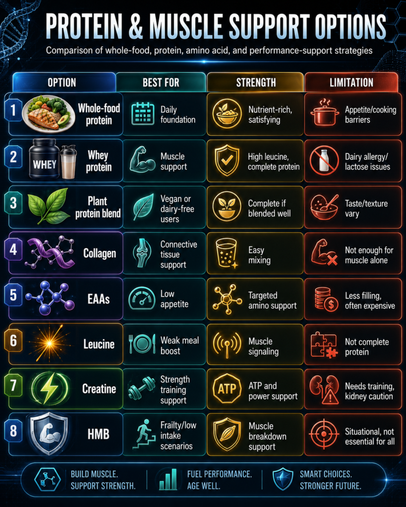 Best protein powder comparison infographic showing whey protein powder, whey protein isolate, collagen powder, plant protein blend, EAAs, leucine, creatine, and HMB with strengths, limitations, and muscle support benefits.