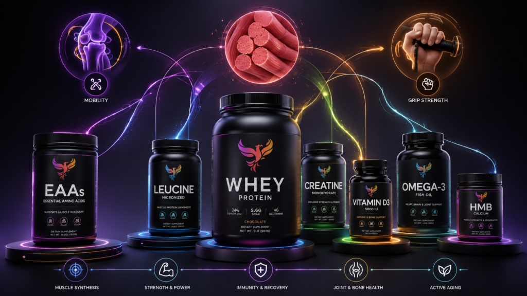 Premium supplement layout showing whey protein powder, EAAs, leucine, creatine, vitamin D, omega-3, and HMB connected to muscle fibers, mobility, and grip strength, designed for best protein powder and collagen protein vs whey protein content.