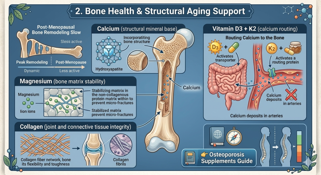 A scientific diagram titled "Bone Health & Structural Aging Support" showing a cross-section of a human bone and explaining the biological pathways of calcium, Vitamin D3 + K2 routing, magnesium for matrix stability, and collagen fiber networks.