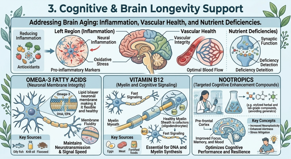 A comprehensive brain health infographic titled "Cognitive & Brain Longevity Support" detailing neural inflammation, vascular integrity, and the benefits of Omega-3 fatty acids, Vitamin B12 for myelin synthesis, and nootropics for synaptic function.