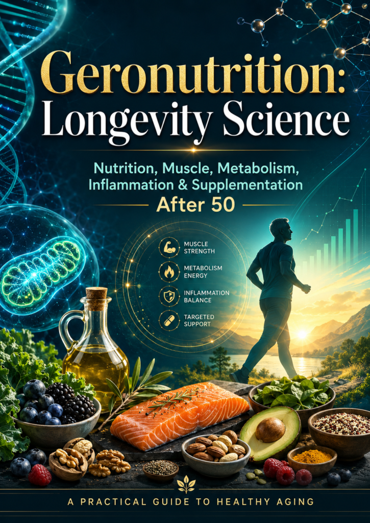 Geronutrition Longevity Science ebook cover showing healthy aging nutrition, muscle support, metabolism, inflammation balance, mitochondria, and whole foods after 50.