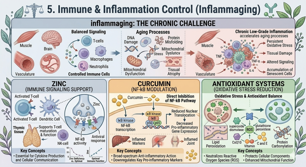 A medical infographic titled "Immune & Inflammation Control (Inflammaging)" explaining chronic low-grade inflammation, featuring the NF-kB pathway modulation by curcumin, zinc’s role in immune signaling, and antioxidant defense systems.