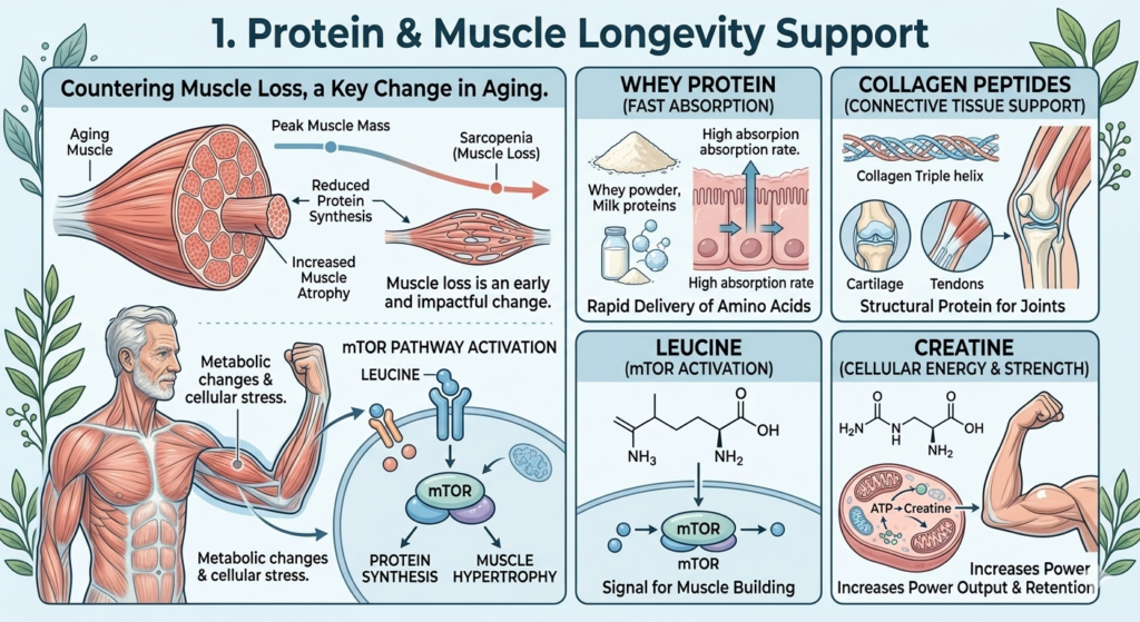 A detailed medical infographic titled "Protein & Muscle Longevity Support" illustrating the mechanisms of sarcopenia (muscle loss) and the role of whey protein, collagen peptides, leucine for mTOR activation, and creatine in maintaining aging muscle mass.