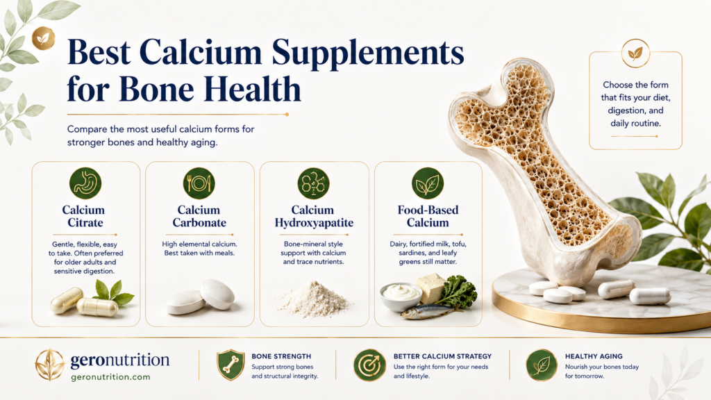 Best calcium supplements for bone health infographic showing calcium citrate, calcium carbonate, calcium hydroxyapatite, food-based calcium, and vitamin D3 K2 support.