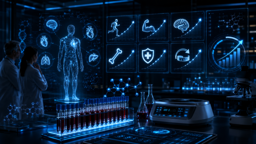 Futuristic medical lab showing biomarker testing dashboards, blood samples, body health icons, and upward health trends for biomarker optimization.