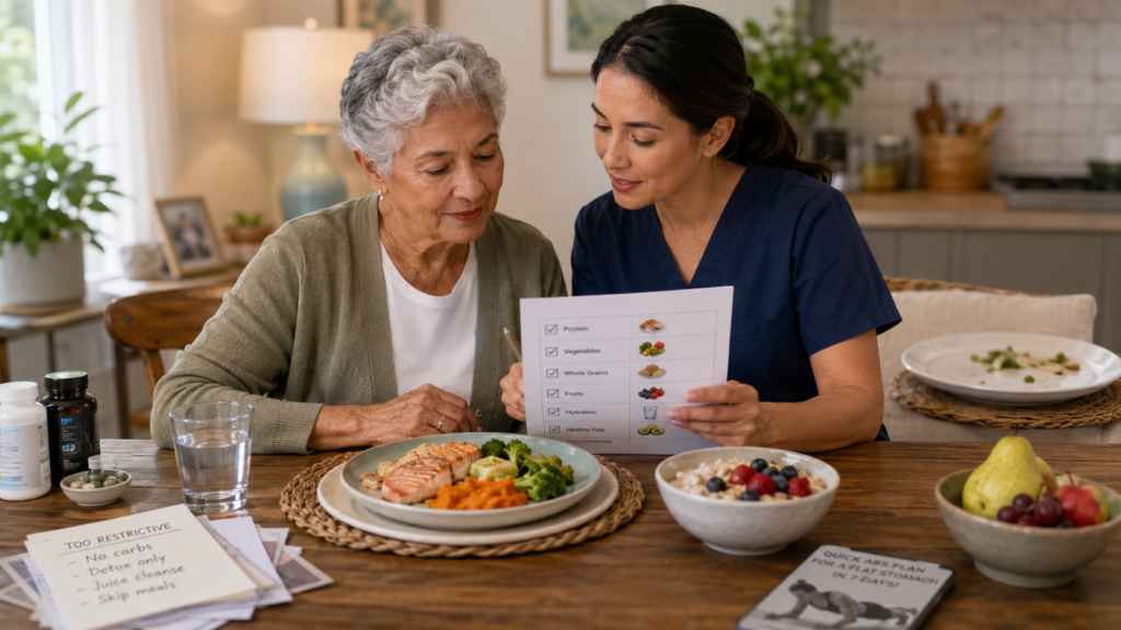 Common Geronutrition Mistakes in Senior Meal Planning Caregiver reviewing a senior geronutrition meal plan with an older adult, showing healthy aging nutrition, appetite support, protein-rich meals, hydration, and supplement safety.