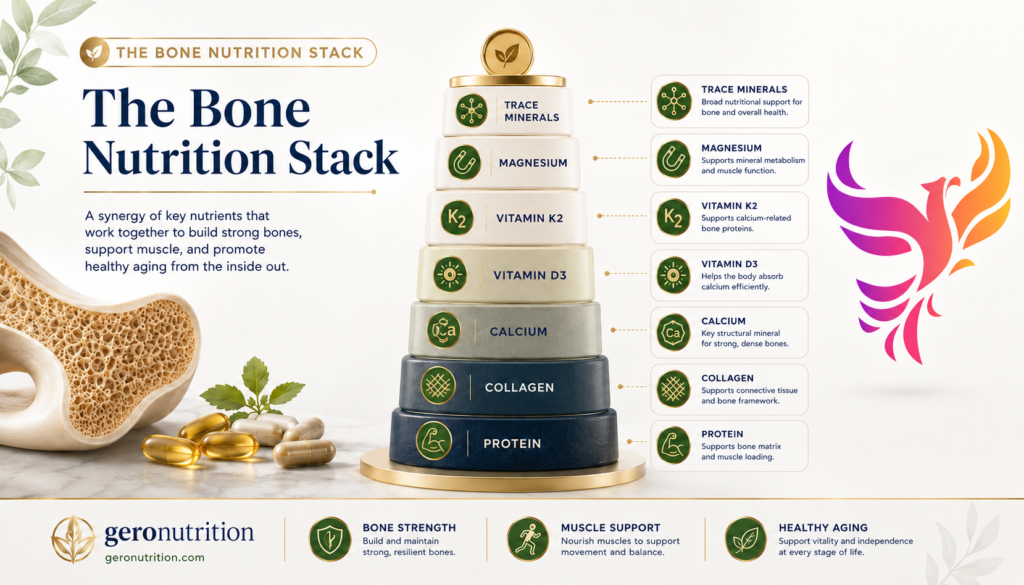 D3 K2 vitamin infographic showing vitamin D3, vitamin K2, calcium, magnesium, collagen, protein, and trace minerals for bone nutrition support.