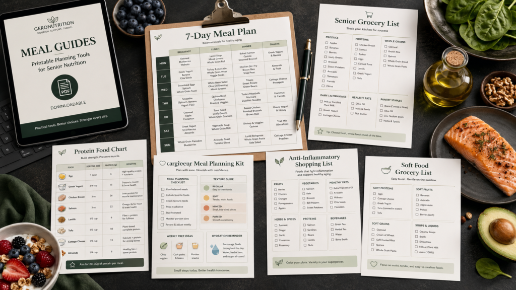 Dynamic flatlay of downloadable meal guides for senior nutrition with printable meal plans, grocery lists, protein food chart, caregiver planning kit, anti-inflammatory shopping list, and healthy aging foods.