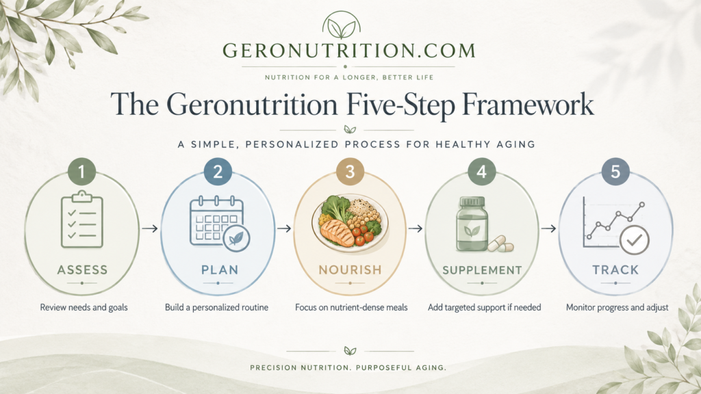 Geronutrition plan framework for older adults showing food, supplements, tracking, and healthy aging support