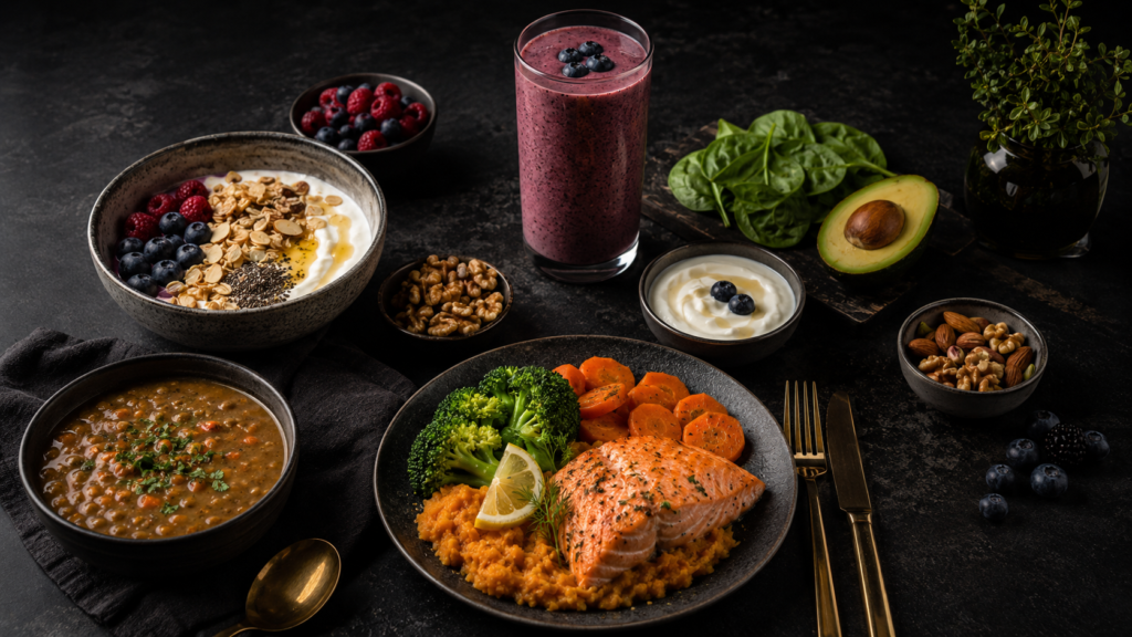 Dark premium image of healthy recipes for seniors with salmon, lentil soup, Greek yogurt bowl, berry smoothie, avocado, spinach, nuts, berries, and soft nutrient-dense meals.