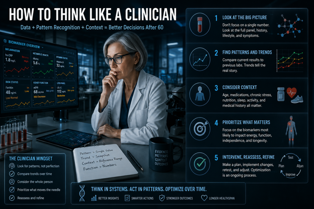 Advanced clinical biomarker analysis image showing a clinician reviewing lab results, health patterns, vitamin deficiency markers, and aging biomarkers in a futuristic medical lab.