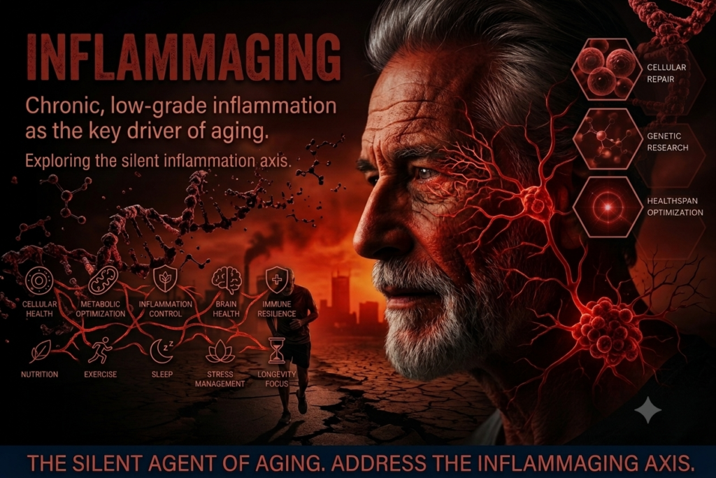 A dark, detailed infographic titled Inflammaging Explained, featuring an elderly man's profile overlaid with red, inflamed cellular pathways and a degrading DNA strand, contrasting chronic inflammation with cellular decline.