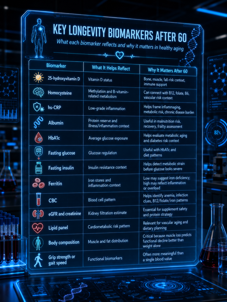 Futuristic lab infographic showing longevity biomarkers after 60, including vitamin D, homocysteine, hs-CRP, HbA1c, ferritin, kidney markers, lipids, and body composition.