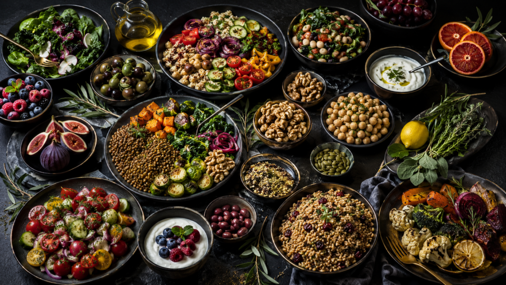 Premium dark image of longevity diet patterns with Mediterranean foods, Blue Zone recipes, leafy greens, lentils, chickpeas, quinoa, berries, figs, citrus, olives, yogurt, walnuts, seeds, herbs, and roasted vegetables for healthy aging.