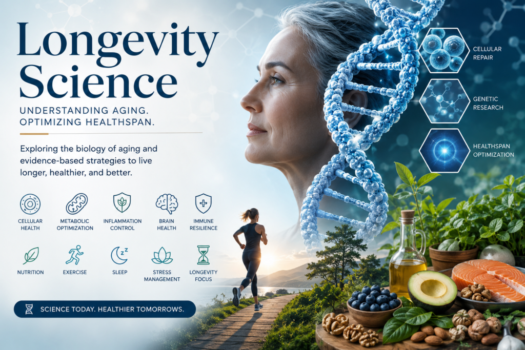 Longevity science infographic showing aging biology, DNA structure, healthspan optimization, nutrition, exercise, and cellular health concepts