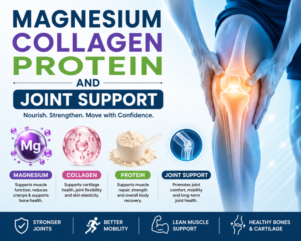 Magnesium, collagen, protein, and joint support supplements for stronger joints, healthy bones, muscle function, cartilage health, and improved mobility.