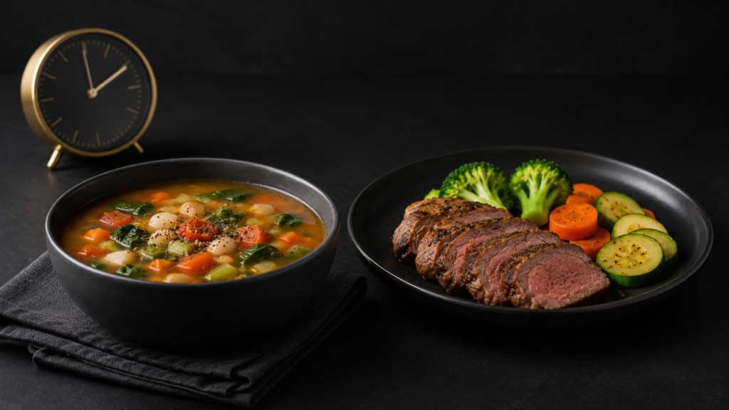 Simple dark image of quick recipes for seniors featuring a bowl of vegetable soup and a plate of sliced beef with broccoli, carrots, and zucchini for fast healthy senior meals.