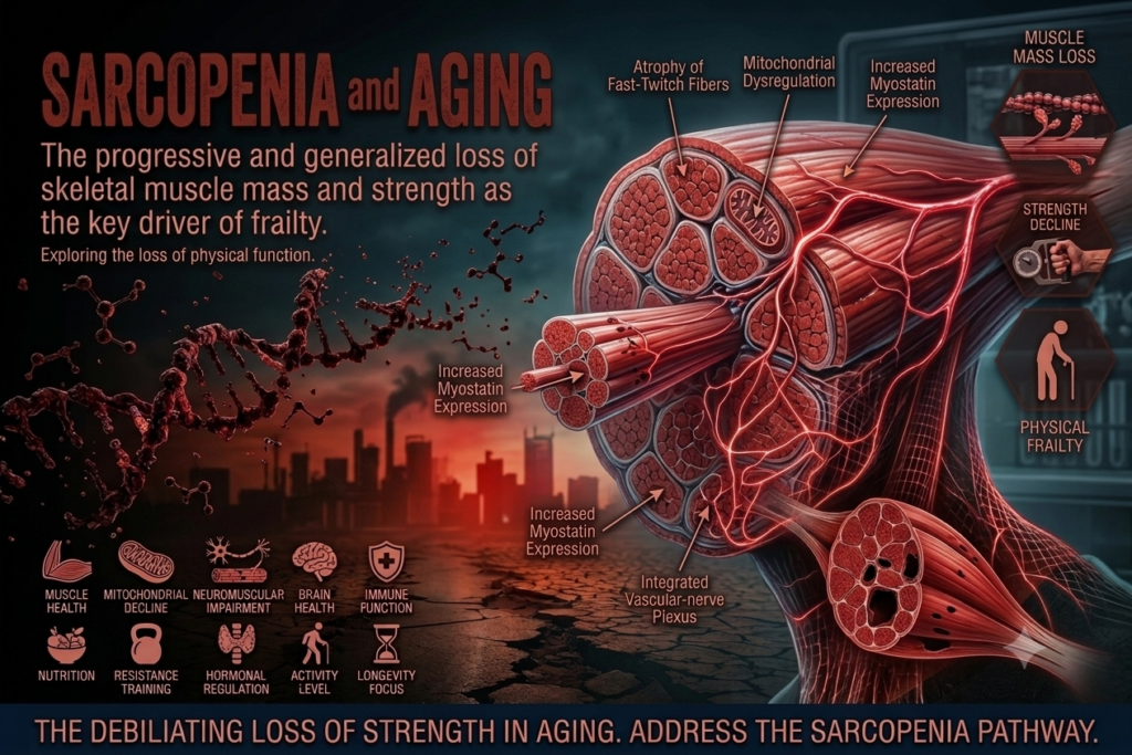 A dark, scientific infographic about Sarcopenia and aging, showcasing a cross-section diagram of degenerating skeletal muscle tissue, a degrading DNA strand, and medical icons explaining muscle mass loss without human figures.