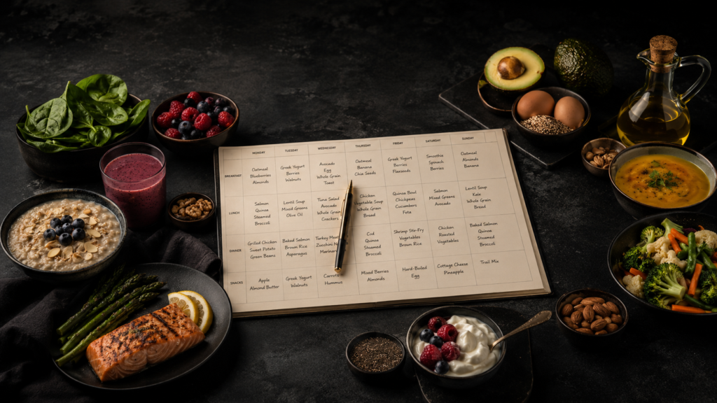 Premium dark flatlay of senior meal plans with a weekly nutrition planner, salmon, oatmeal, berries, smoothie, eggs, avocado, leafy greens, soup, yogurt, nuts, and healthy aging foods.