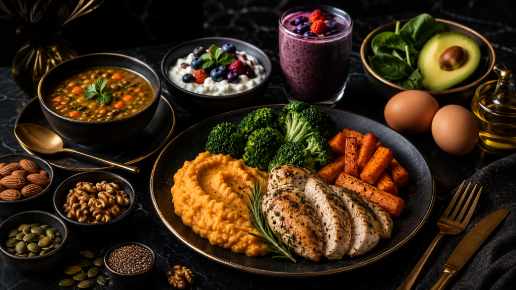 Dark premium therapeutic nutrition image with high-protein chicken, sweet potato mash, lentil soup, Greek yogurt with berries, smoothie, eggs, avocado, spinach, nuts, seeds, and recovery foods for frailty, sarcopenia, and healthy aging.