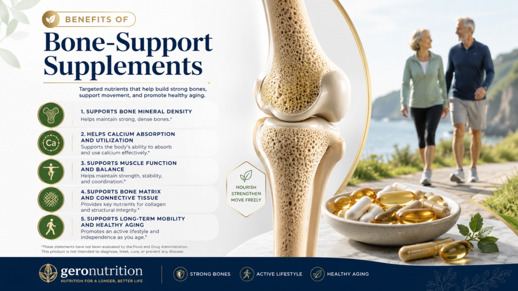Vitamin D3 and K2 benefits infographic showing bone density support, calcium absorption, muscle balance, mobility, and healthy aging nutrition.