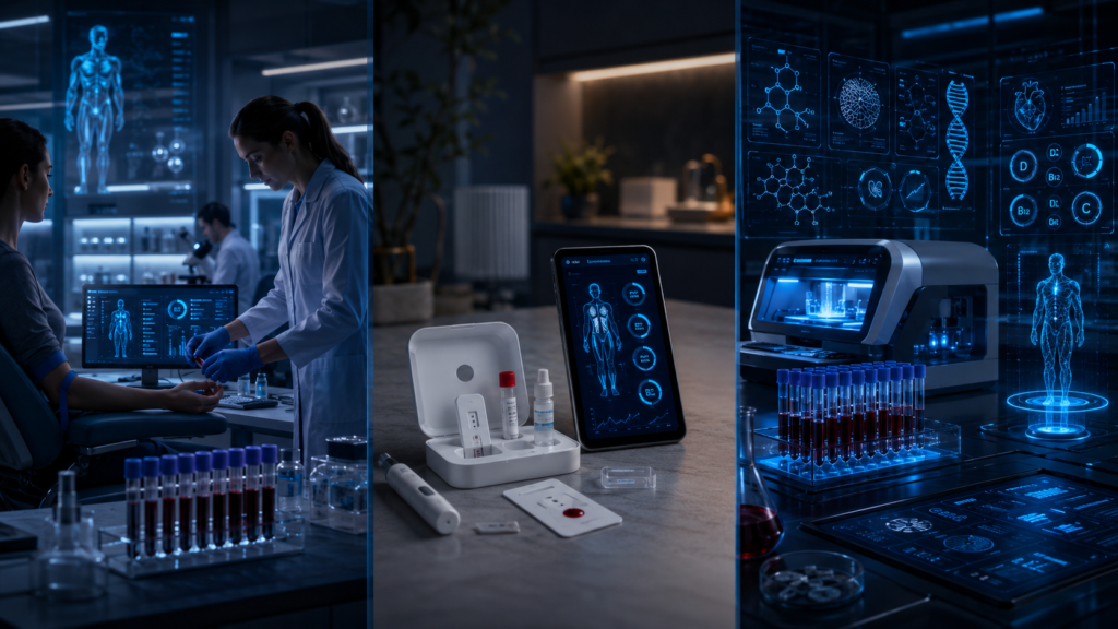 Three-panel medical image showing clinic blood testing, a home vitamin deficiency test kit, and advanced biomarker panels for nutrient analysis.