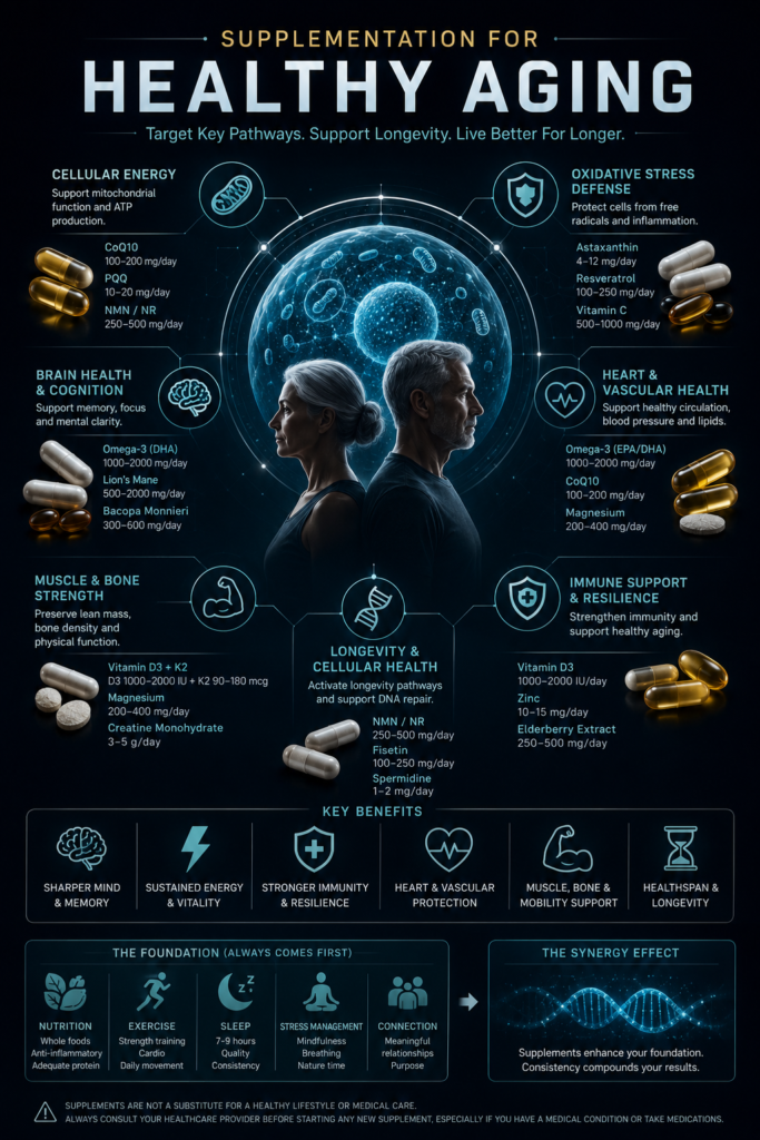 Dark scientific infographic showing the best supplements for healthy aging, including omega-3, CoQ10, vitamin D3, magnesium, creatine, NMN and antioxidants.