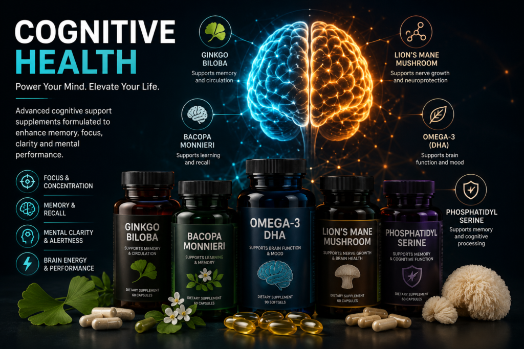 Cognitive Health Supplements for Memory, Focus and Mental Clarity Cognitive health supplements including omega-3 DHA, lion’s mane, bacopa monnieri, ginkgo biloba and phosphatidylserine displayed around a glowing brain.