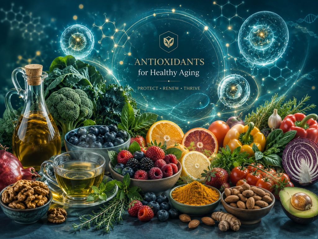 Antioxidant-rich berries, citrus fruits, leafy greens, vegetables, olive oil, nuts and tea for healthy aging