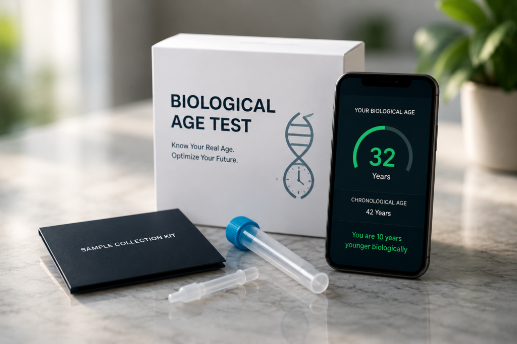 A side-by-side biological age vs chronological age comparison infographic. The visual explains that chronological age represents the number of years a person has lived, while biological age estimates functional aging influenced by longevity biomarkers, lifestyle, nutrition, sleep, stress and environmental exposures.