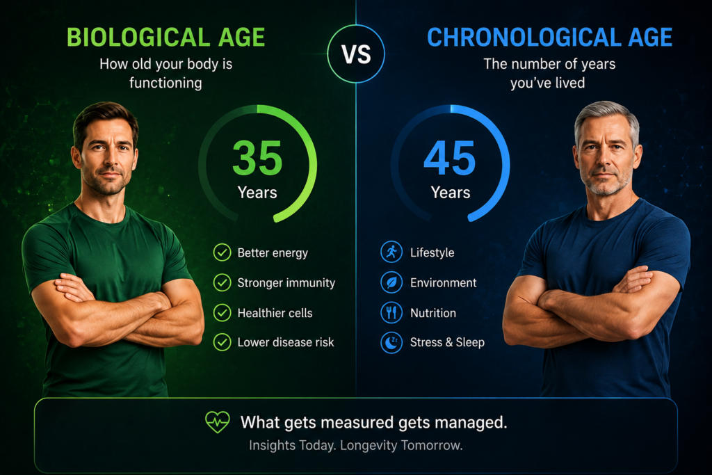 Biological age vs chronological age comparison showing how longevity biomarkers can indicate differences between body function and years lived.