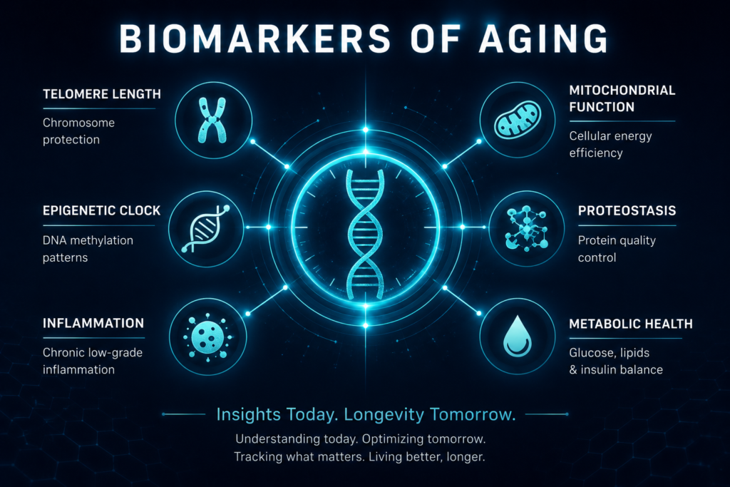 Biomarkers of aging infographic featuring telomere length, epigenetic clocks, inflammation, mitochondrial function, proteostasis and metabolic health.