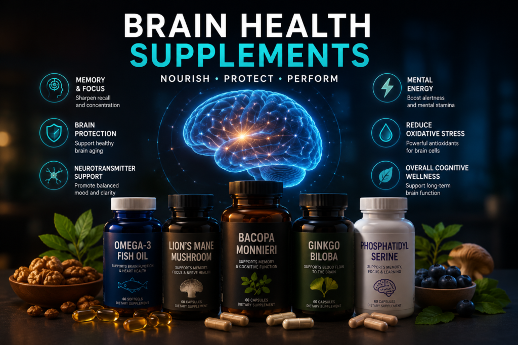 Brain Health Supplements for Memory, Focus and Cognitive Wellness Brain health supplements featuring omega-3, lion’s mane, bacopa monnieri, ginkgo biloba and phosphatidylserine for cognitive wellness.