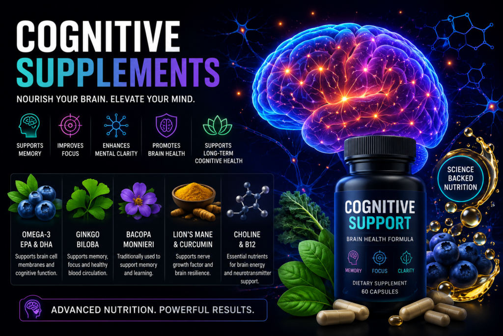 Cognitive Supplements for Memory, Focus and Brain Health Cognitive supplements infographic featuring a glowing brain, supplement bottle, omega-3, ginkgo, bacopa, curcumin, choline, vitamin B12 and blueberries.
