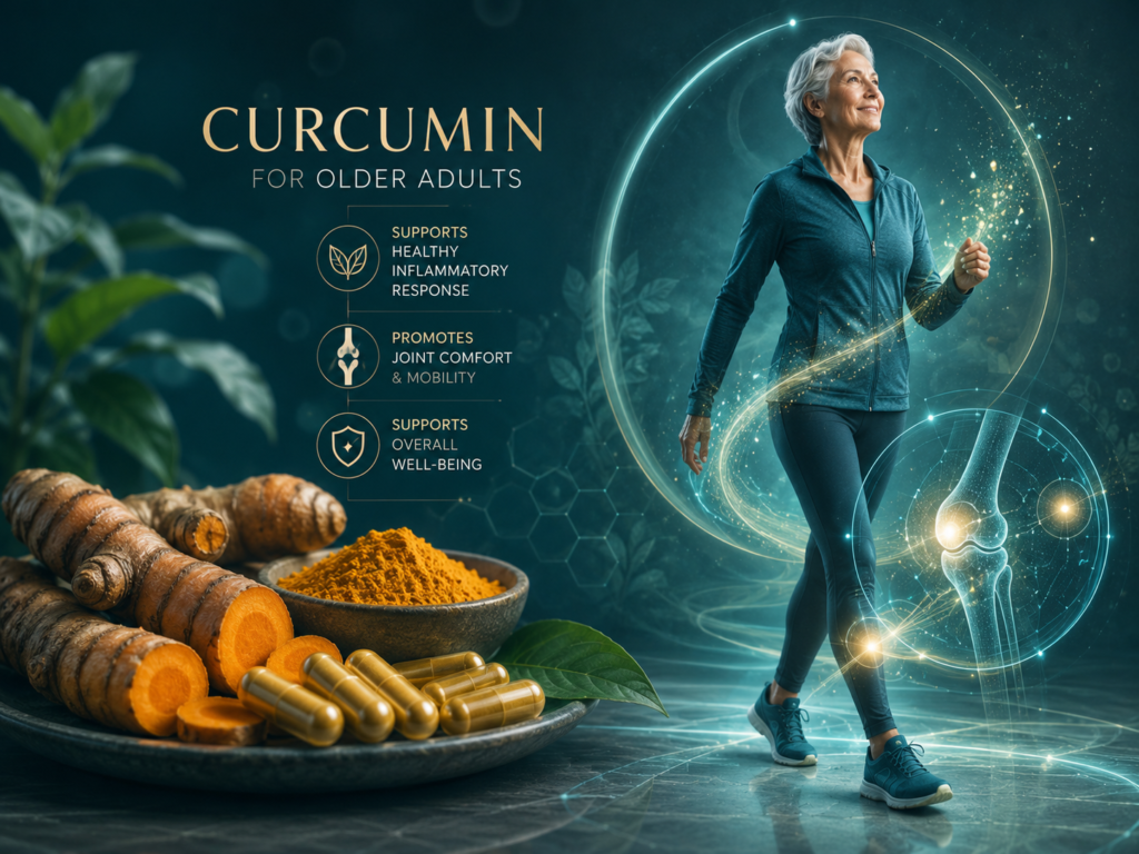 Older woman walking beside turmeric roots, curcumin capsules and joint inflammation support graphics