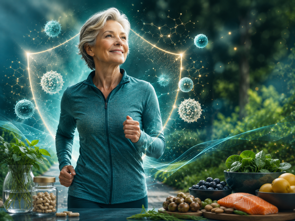 Active woman over 60 with immune protection graphics, healthy foods and supplements supporting immune resilience
