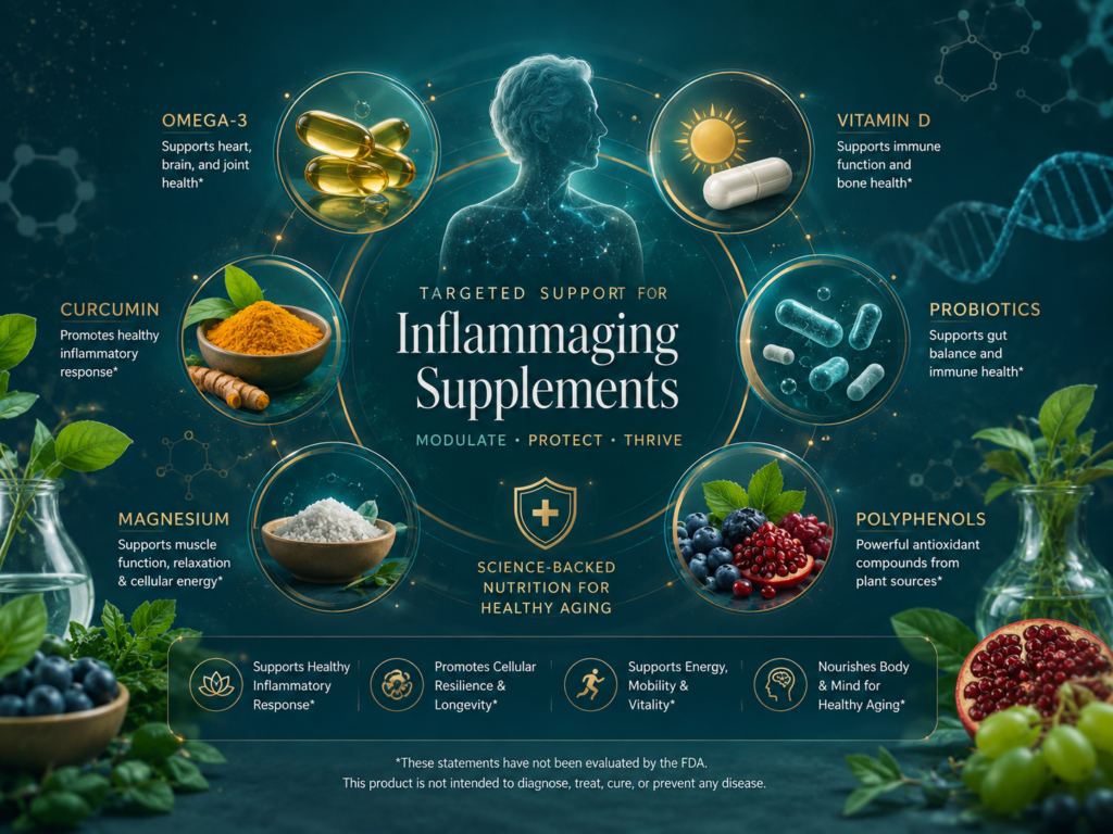 Inflammaging supplements including omega-3, vitamin D, curcumin, probiotics, magnesium and polyphenol-rich foods