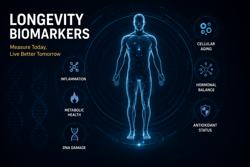 Longevity biomarkers infographic showing cellular aging, inflammation, metabolic health, hormonal balance, antioxidant status and DNA damage.