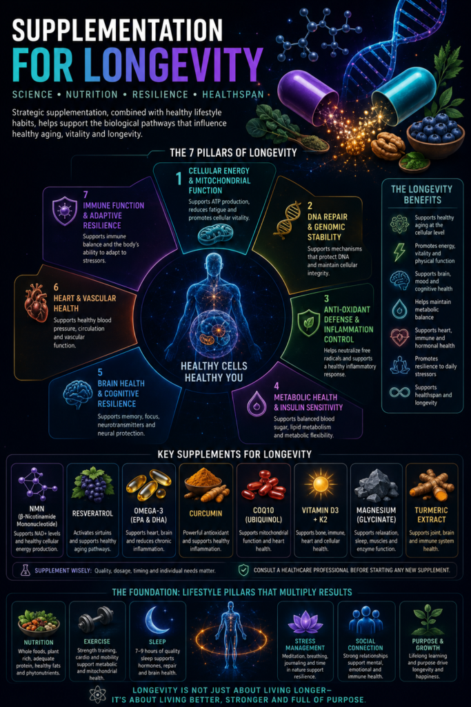 Longevity supplements infographic featuring capsules, DNA, healthy cells, omega-3, CoQ10, vitamin D3, magnesium, curcumin and resveratrol.