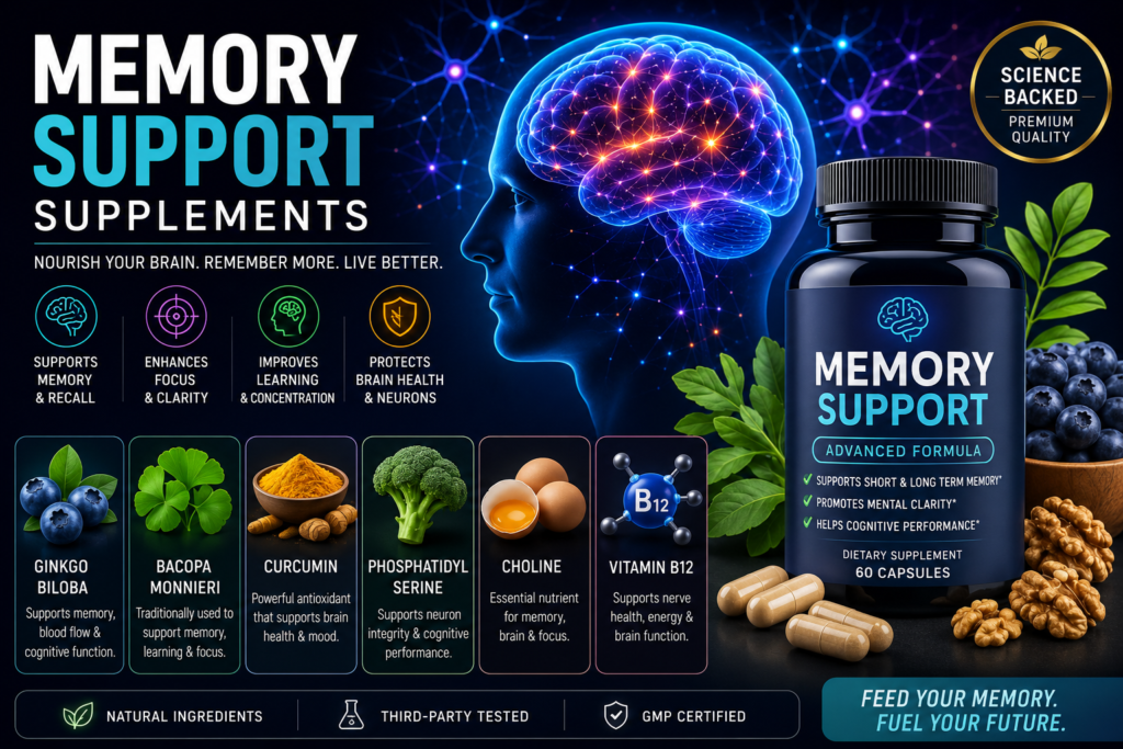 Memory Supplements for Recall, Focus and Brain Health Memory supplements infographic with a glowing brain, supplement bottle, capsules, blueberries, walnuts, ginkgo, bacopa, choline and vitamin B12.