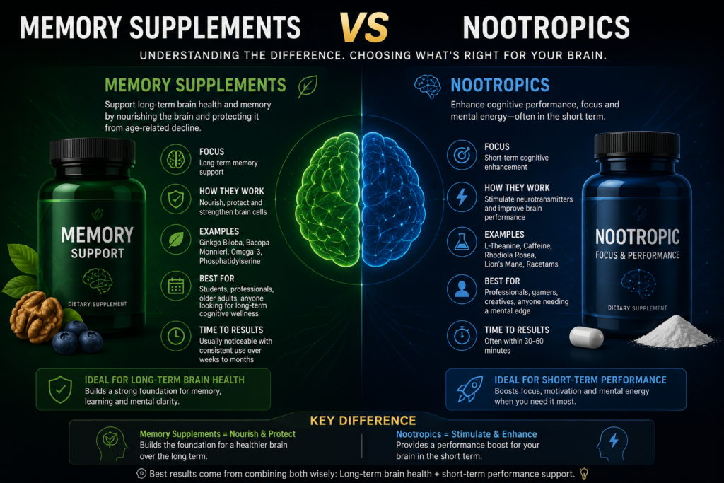 Memory Supplements vs Nootropics: Key Differences Explained Memory supplements vs nootropics infographic comparing long-term brain health support with short-term focus and cognitive performance benefits.