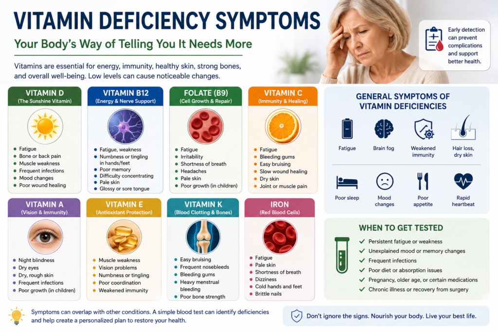 Vitamin Deficiency Symptoms: Common Signs and Nutrient Deficiencies Vitamin deficiency symptoms infographic showing common signs of deficiencies in vitamins D, B12, C, A, E, K, folate, and iron, including fatigue, muscle weakness, brain fog, pale skin, and poor immunity.