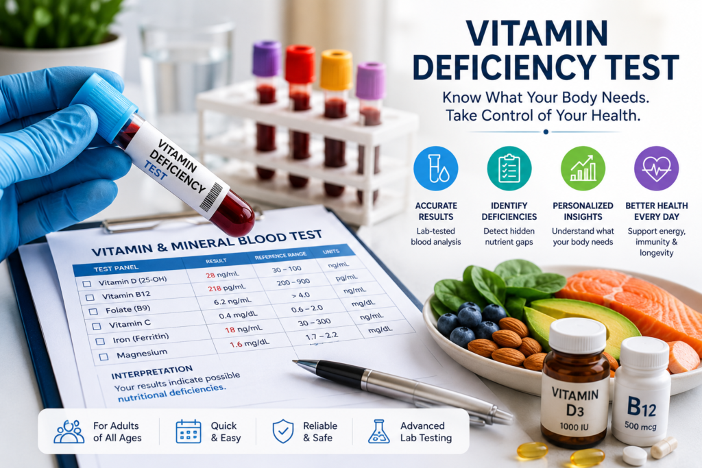 Vitamin deficiency test with a blood sample, nutrient biomarker report, vitamins D and B12, iron, magnesium, and healthy foods.