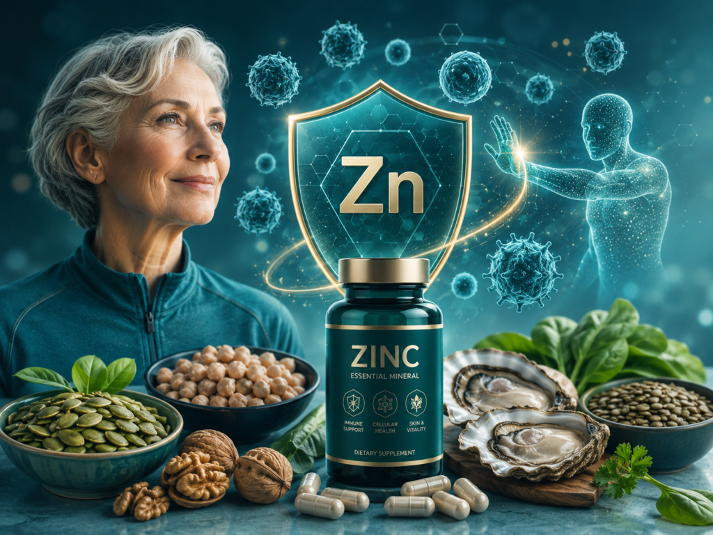 Zinc supplement with pumpkin seeds, chickpeas, oysters and immune protection graphics for elderly immune health